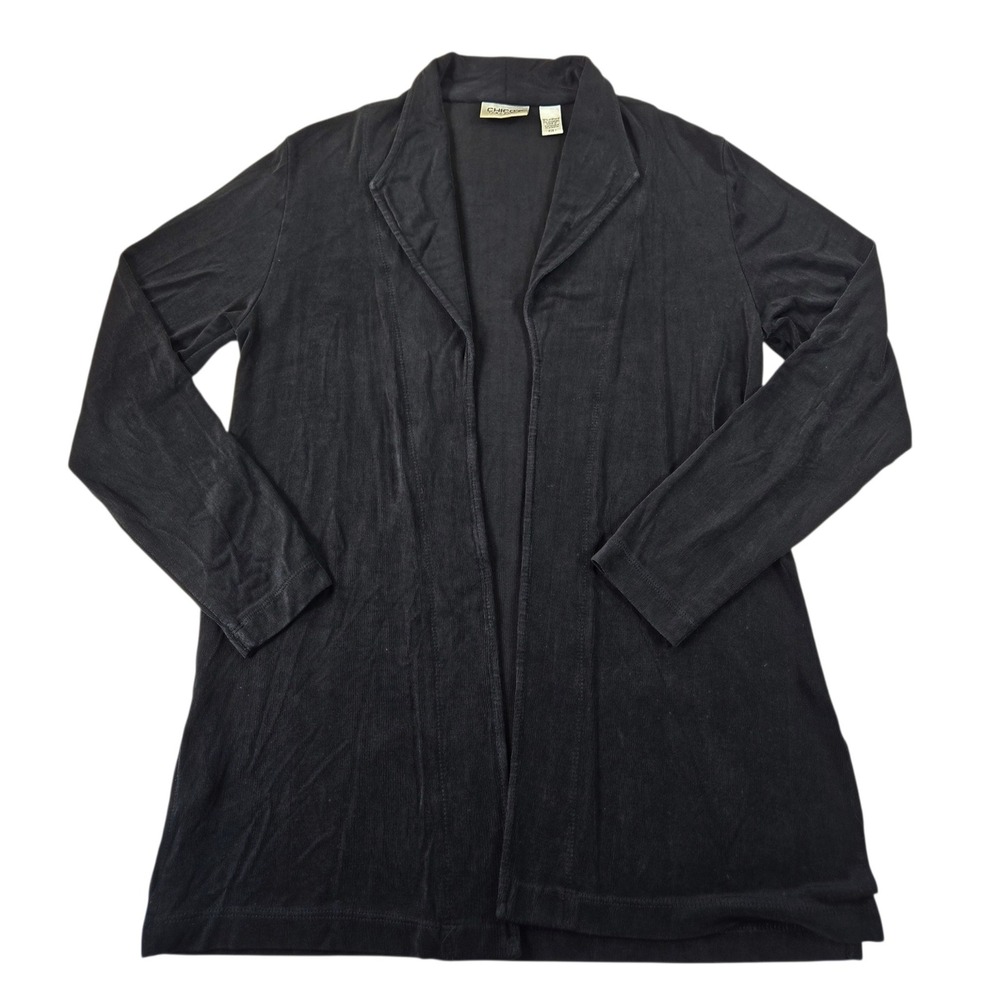 Chicos Travelers Size 1 Medium Black Slinky Knit Open Front Cardigan Long Sleeve